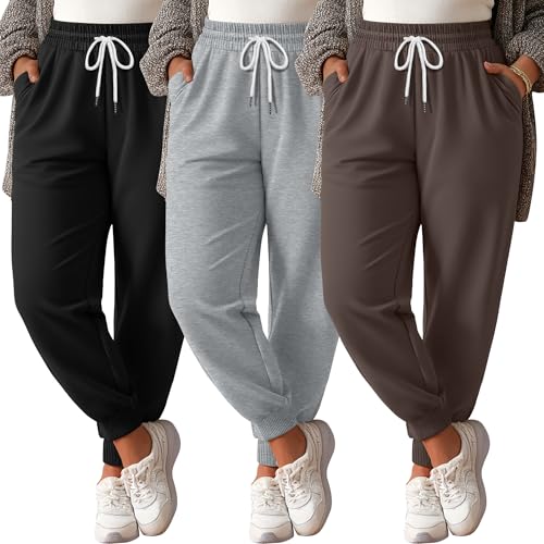 Neer 3 Pack Women's Plus Size Sweatpants Baggy Lounge Pants Athletic Drawstring Yoga Workout Pants with Pocket