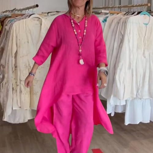 Pant Suits for Women Linen Two Piece Pants Suit Elegant Cotton Linen Long Sleeve Shirts and Wide Leg Pantsuits2