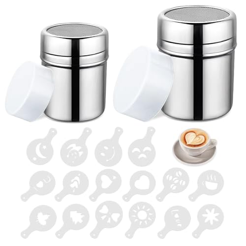 HMCEY 2 PCS Espolvoreador de Cacao en Polvo,Dispensador de Canela Acero Inoxidable,Dispensador Azucar Glass con Tapa,Espolvoreador de Queso con 16 Moldes de Presión,Tamizador de Harina para Hornear