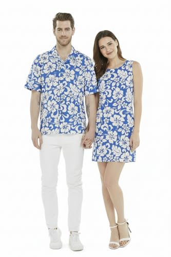 Image of Matchable Couple Hawaiian Luau Men Shirt or Women Tank Dress in Classic Vintage Hibiscus