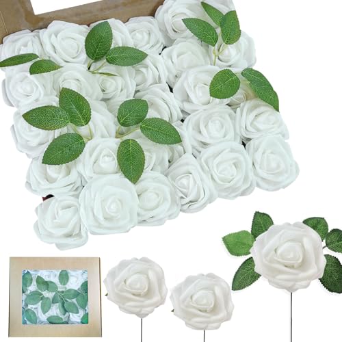 Chingcoo 30 Stück Künstliche Rosen, Kunstblumen Weiß, Blumen Künstlich, Künstliche Blumen Rosen, Weiße Rosen Künstlich, Kunstblumen Deko, Kunstblume für Geburtstagsdeko, Hochzeitsdeko, Party Deko