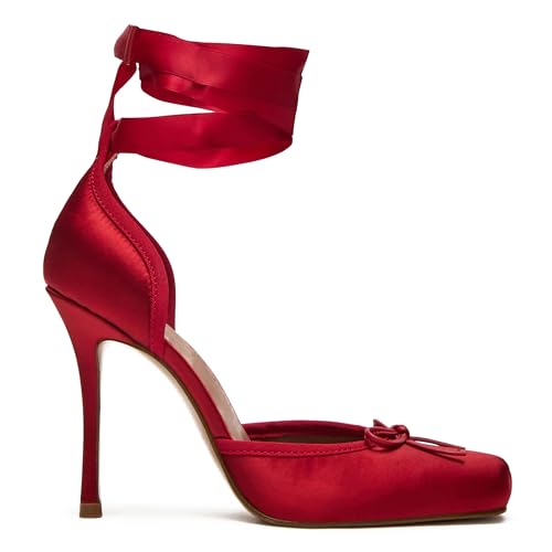 High Heels for Women Lace up Square Toe Bow Ballet Heels Stiletto High Heel Mary Janes Shoes Ballerina Pumps Party Dress Shoes