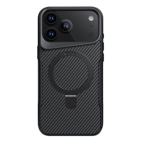 For IPhone 17/17 Air/17 Pro/17 Pro Max用カーボンファイバー製マグネットケース、引き込み式リングスタンドマウントケース付きスリムPCカバー(Black,17 Air)