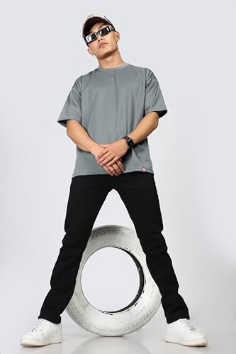 Image of SHODOX Men Oversized T Shirt Solid Dotted Design | Round Neck Loose Fit Drop Shoulder Casual T-Shirt for Men