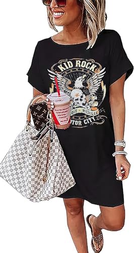 Image of Vintage Rock Country Music Dress for Women Rock Concert Band Graphic Tshirt Casual Letter Print Short Dress