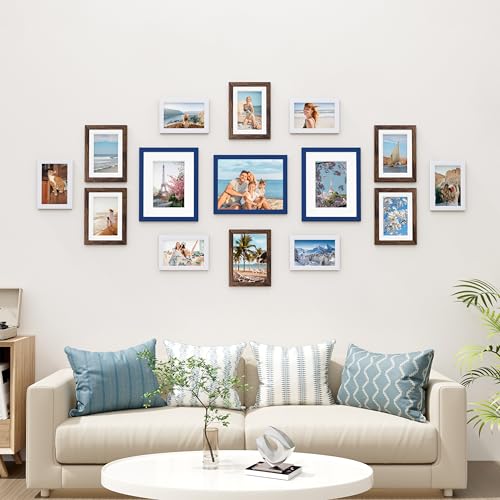 Image of Vittanly 15 Pack Picture Frames Collage Wall Decor, Multi Sizes Including 3pcs 8x10, 6pcs 5x7 and 6pcs 4x6 Photo Frames, Gallery Frame Set for Wall or Tabletop Display, Blue, Brown and White