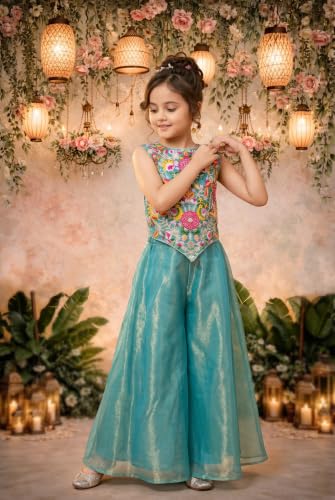 Image of Girls Art Silk Embroidered Kurta & Sharara Set | Festive & Wedding Traditional Outfit | Ethnic Wear for Kids | Stylish Sharara Suit Set
