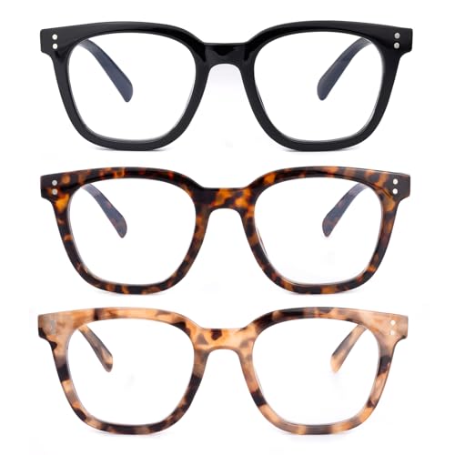 firstsense 3 Pack Reading Glasses for Women Men, Square Blue Light Blocking Reading Glasses with Spring Hinge Anti Eyestrain Eyeglasses, Computer Readers with Glasses Chain, +1.5