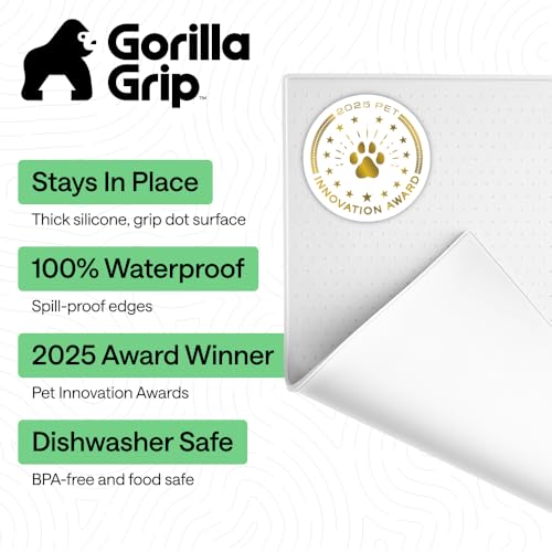 Image of GORILLA GRIP 100% Waterproof Raised Edge BPA Free Silicone Pet Feeding Mat, Dog Cat Food Mats Contain Spills Protects Floors, Placemats for Cats and Dogs Water Bowl, Pets Accessories 23x15 White