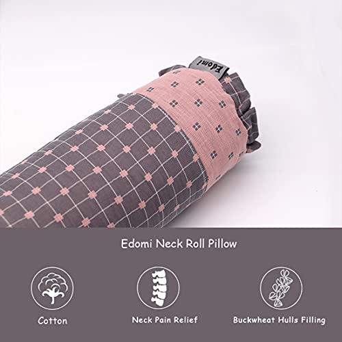 Edomi Round Neck Buckwheat Pillow, Neck Support Cervical Pillow for Side and Back Sleepers with Removable Washable Cover (16x4 inch, Grey&Pink)