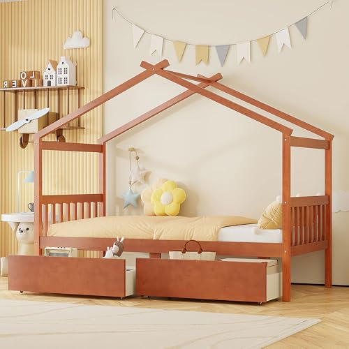 Image of Twin Size Wooden House Bed with Roof Frame and 2 Storage Drawers, Montessori Platform Bed with Headboard and Slat Support for Kids Teens Girls Boys, No Box Spring Needed (Walnut-04, Twin)