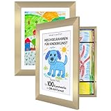 Americanflat A4 Bilderrahmen für Kinderzeichnungen - Gold - Zeigt 21,6x28 cm mit Passepartout & 25,5x32 cm ohne Passepartout - Verbundholz mit Bruchsicherem Glas - Hoch- und Querformat - 2St