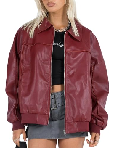 EsheSy Women's Oversized Leather Jacket Faux Suede Boyfriend Motorcycle Full Zip Bomber Jacket(Burgundy-M)