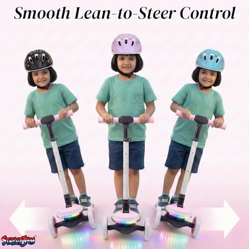 Image of STREETJAM Blinkie Kids LED Kick Scooter for 3-12 Years, LED Deck with Multiple Light Modes (1st Time in India), BIS Approved, Extra Wide Deck, Rechargeable, Up to 50 kg Load (Baby Pink with Grey)