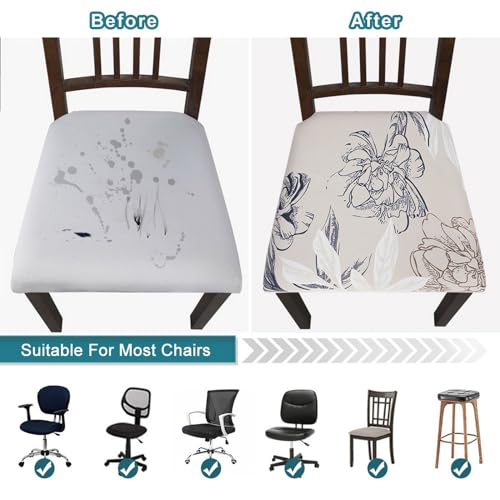 Image of SearchI Seat Covers for Dining Room Chairs Stretch Printed Chair Seat Covers Set of 6, Removable Washable Upholstered Chair Seat Protector Slipcovers for Kitchen, Office(Modern Abstract Floral)