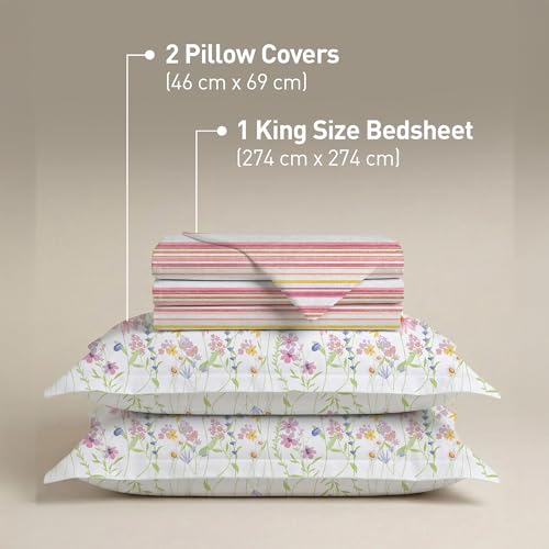 Image of MYTRIDENT Soft Comfort Bedsheet for Double Bed, 100% Cotton Bedsheet, Soft and Breathable, King Size Bedsheet with 2 Pillow Covers - Bloom Era