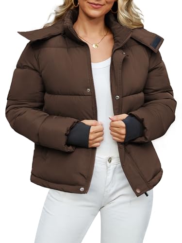 Funlingo Cropped Puffer Jacket for Women Fashion Winter Casual Warm Quilted Coat with Removable Hood Padded Outerwear with Pockets Coffee M
