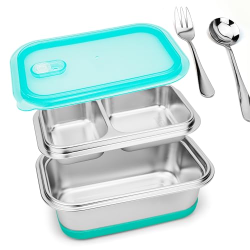 Image of Lunbengo 1400ml Stainless Steel Bento Lunch Box with Plastic Lids- Large Meal Prep Container with 500ml Divided Compartments - Premium Spoon&Fork/Anti-slip Rubber/Air Vent, 8.7'' x 5.5''