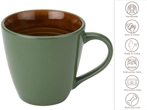Image of Bodhi House Handcrafted Ceramic Coffee Mug Set of 4 Pieces (350 Ml), Stoneware Tea Cup, Microwave Safe Large Milk Mug, Glossy Finish, Ideal for Daily use, Casual Gatherings and Gifting, Forest Green
