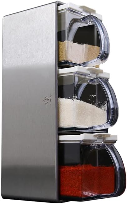 Recipiente de sal con tapa y cuchara, estante transparente para condimentos, macetas de especias, caja de condimentos de 3 piezas para el hogar, disponible en Yaxa Venezuela