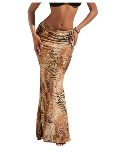 GORGLITTER Women's Leopard Cheetah Print Bodycon Maxi Skirts Trendy Summer Animal Bow Mesh Low Waisted Y2k Long Skirts