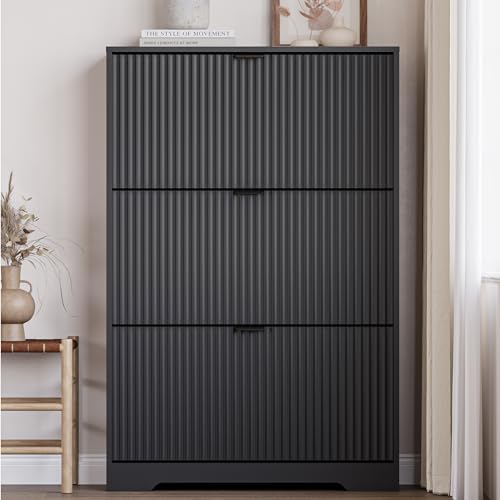 Image of BORNOON Entryway Shoe Cabinet with 3 Flip Drawers, Narrow Shoe Organizer Cabinet with Fluted Panel and Adjustable Shelves for Foyer, Hallway