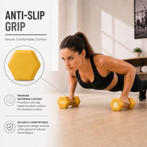 Image of KAKSS Neoprene Dumbbells Set, 3kg (2 x 1.5kg), Gold Hex Dumbbells with Easy-Grip Coated Finish, Cast Iron Hand Weights for Home Gym Equipment and Fitness Training for Women and Men