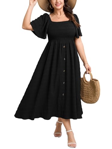 Image of Plus Size Casual Maxi Boho Dress for Curvy Women Short Sleeve Square Neck Smocked Summer Beach Dresses Button Down
