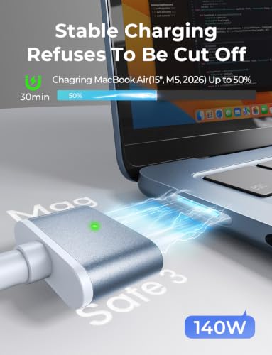 Image of LISEN MacBook Air Charger Magnetic 140W Magsafe 3 Cable, Sky Blue 6.6FT