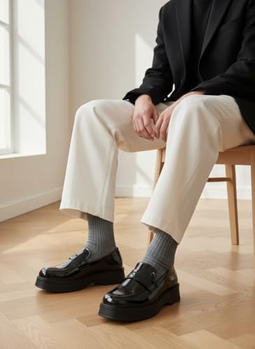 Image of Leo Men's Patent Look Platform Penny Loafers | Chunky Sole Slip-On Moccasin Shoes for Office, Formal & Casual Wear