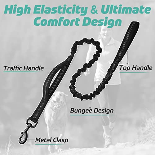 rabbitgoo Starke Bungee Hundeleine mit 2 Gepolsterten Griff und Metallhaken, Taktische Sicherheit Hundeführleine für Große/Mittlere Hunde,Elastische Ruckdämpfer Führleine, Schwarz 114-158cm