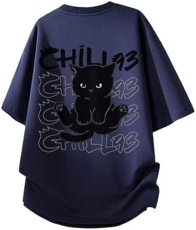 Summer Clothing, Men's, Short Sleeve, 100% Cotton, Large Size, Funny, Cute Cat Pattern, Printed, Round Neck, Half Sleeve, Top, Lightweight, Soft, Comfortable, Casual, Cute, Fashionable