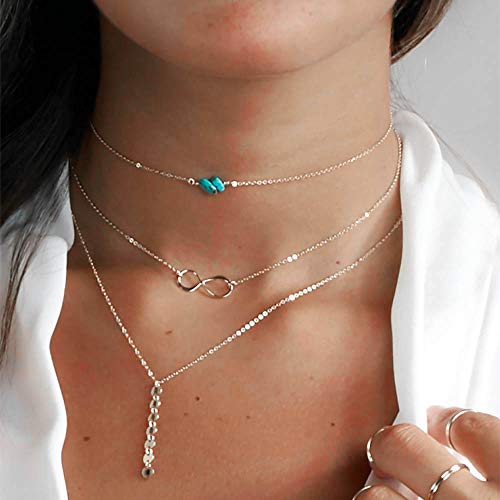 Preisvergleich Produktbild Jovono Böhmen Türkis Blue Boho Mehrschichtige Halsketten Perlen Liebe Pailletten Anhänger Halskette Kette Schmuck für Frauen und Mädchen (silber)