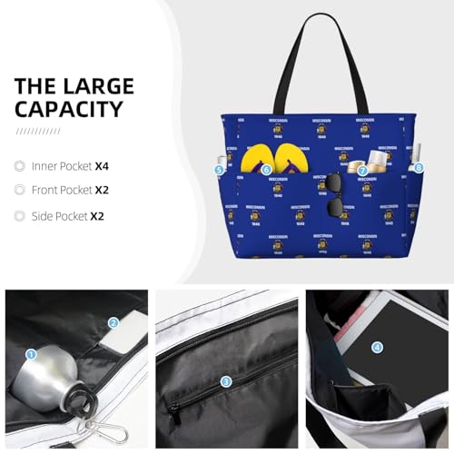 Wisconsin State Flag Extra Large Tote Bag For Women,Foldable Beach Bag With Pocket Weekender Travel Overnight Bag3