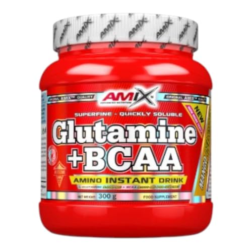 Amix - Glutamina + Bcaa - Suplemento Alimenticio - Mejora del Rendimiento - Contiene Aminoácidos Bcaa - Glutamina en Polvo - Nutrición Deportiva - Sabor a Mango - Bote de 300 g