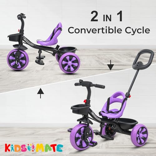 Image of Kidsmate Junior Tricycle for Kids with Parental Control | Cycle for Kids 1-4 Years | Baby Cycle | Bicycle with Storage Basket, Cushion Seat and Seat Belt Carrying Capacity 30 Kgs (Purple)