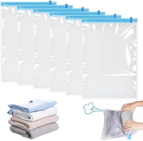 6 Pieces Vacuum Bags for Clothes 60 x 40 cm, Reusable Clothes Vac...