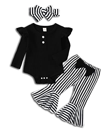 Image of ADXSUN Newborn Baby Girl Clothes Ribbed Ruffled Romper+Striped/Cow/Leopard Flared Pants Infant Outifts 0-18 Months