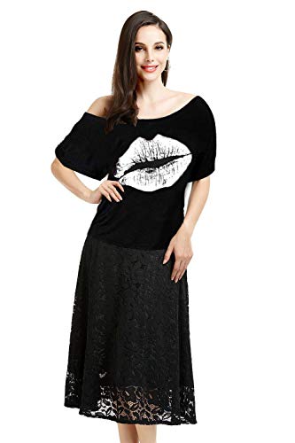 MAGICMK Women Casual Plus Size Sexy Lips Print Off Shoulder T-Shirt Tops