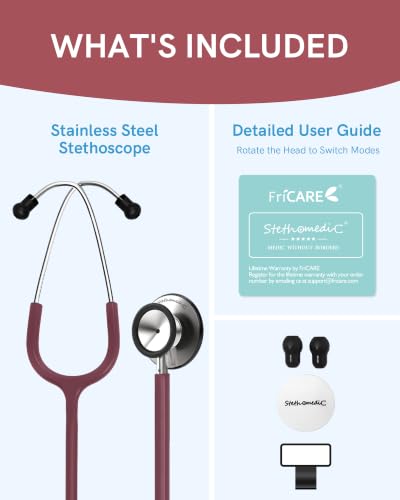 Image of FriCARE Dual Head Stethoscope - Stethoscopes for Nurses, Medical Nursing Students, Paramedics /EMT /LVN /VNA Backup Estetoscopio, Burgundy Tube, Stainless Steel Chestpiece