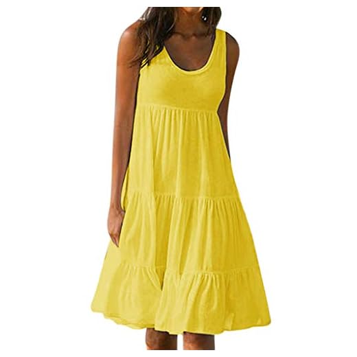Ansenesna Kleid Damen Sommer A Linie Knielang Elegant Mini Strandkleid Mädchen Ärmellos Sommerkleider Für Party Strand (S, Gelb)