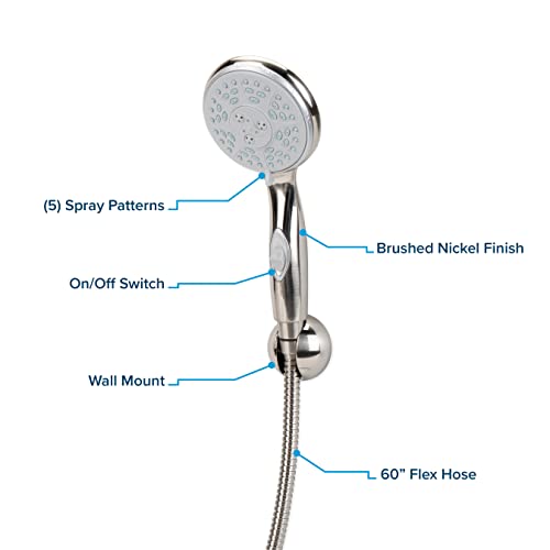 Image of Camco Complete RV /Marine Shower Head Kit | Features Convenient On /Off Switch for Water Efficient Showers | 5 Spray Patterns | Brushed Nickel (43747)