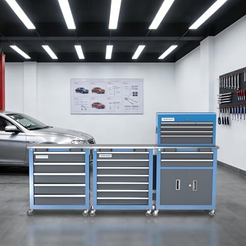 Image of LARBANKE 20 Drawer Rolling Tool Chest Combo,Tool Cabinet with Stainless Countertop, Modular Tool Chest with Locking Drawers and Connection Parts, 360 Swivel Braking Wheels & Padded Feet, Blue