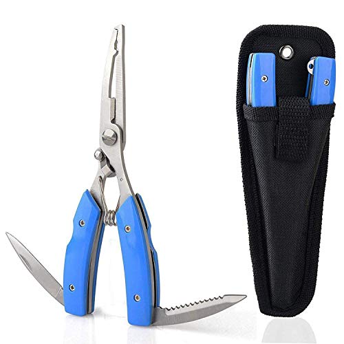 AGOOL Stainless Steel Fishing Pliers, Fishing Forceps Scissors Fishing Multi-Tools with 2 Blades Fishing Shears Split Ring Pliers Braid Line Cutters Fishing Hook Remover Fishing Tackle