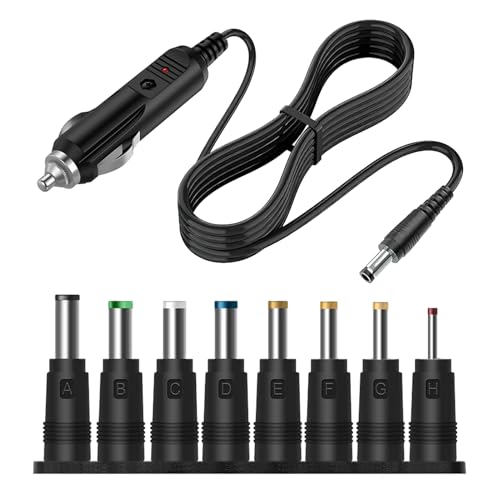 Cargador de Coche 12V Universal con 8 Conectores Intercambiables, Adaptador DC 5.5x2.1mm, Cable Alimentación 1.5m para GPS, Cámaras, Altavoces Bluetooth, DVD Portátil, Herramientas Eléctricas y Más