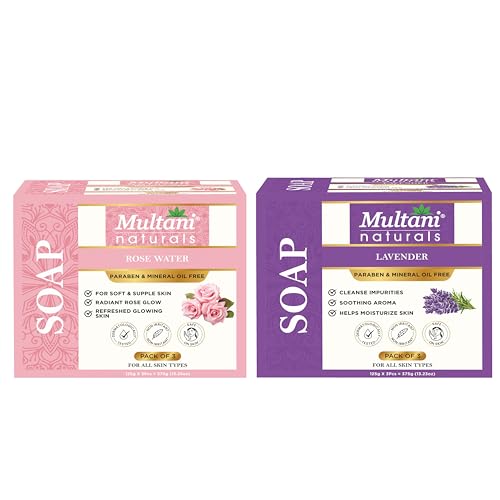 Image of Multani Natural Lavender & Rose Water Soap Bar For Bath (125 Gm - Pack of 6) | Paraben Free | Clinically Tested | Gently Cleanses & Helps Relieve Stress | For All Skin Types | Soap For Men & Women
