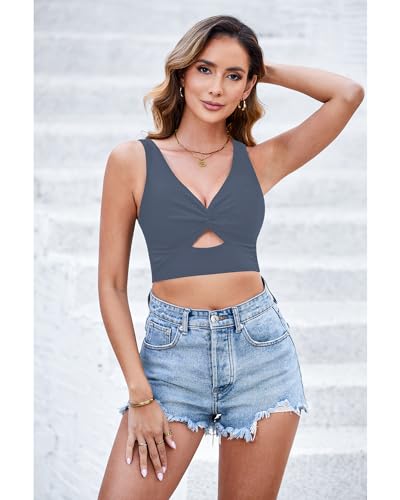 Image of GRAPENT Bikini Tops for Women Cropped StrapCore Tankini Tops Beach Padded Knot Twist Cut Out Adjustable Swimwear Top Only