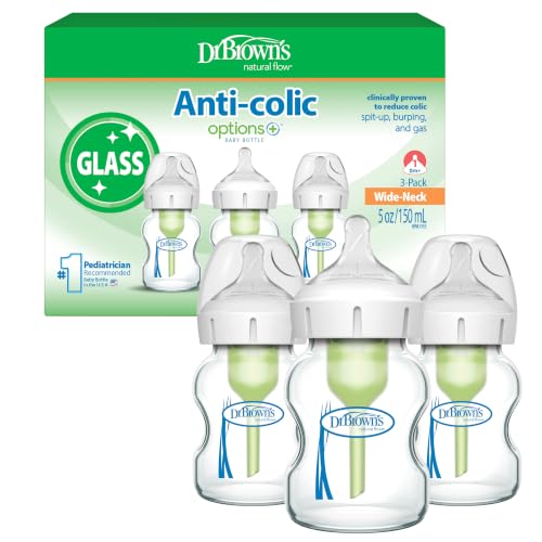 Image of Dr. Brown's Anti-Colic Options+ Wide-Neck Glass Baby Bottle, 5 oz, 3-Pack | Clinically proven to reduce colic, glass bottles with Level 1 slow flow nipple, 0m+, BPA-free