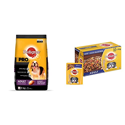 Image of Pedigree PRO Expert Nutrition, Adult Small Breed Dogs (9 Months Onwards) Dry Dog Food, 3kg Pack & Adult Wet Dog Food, Grilled Liver Chunks Flavour in Gravy with Vegetables, 15 Pouches (15 X 70 g)