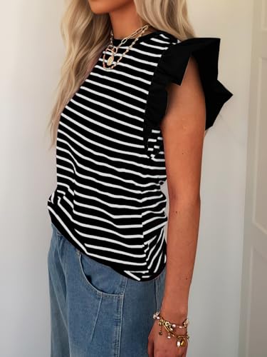 Women's Ruffle Cap Short Sleeve Striped T Shirts Summer Casual Loose Fit Top Basic Tee Tunic Tops3